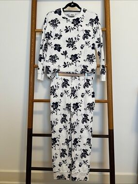 Sleepy Jones White & Navy Floral Thermal Long Sleeve Pajama Set - Size S